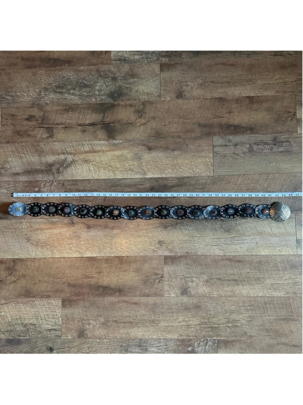 Women's Black Leather Belt with Silver Conchos and Gemstones, adjustable